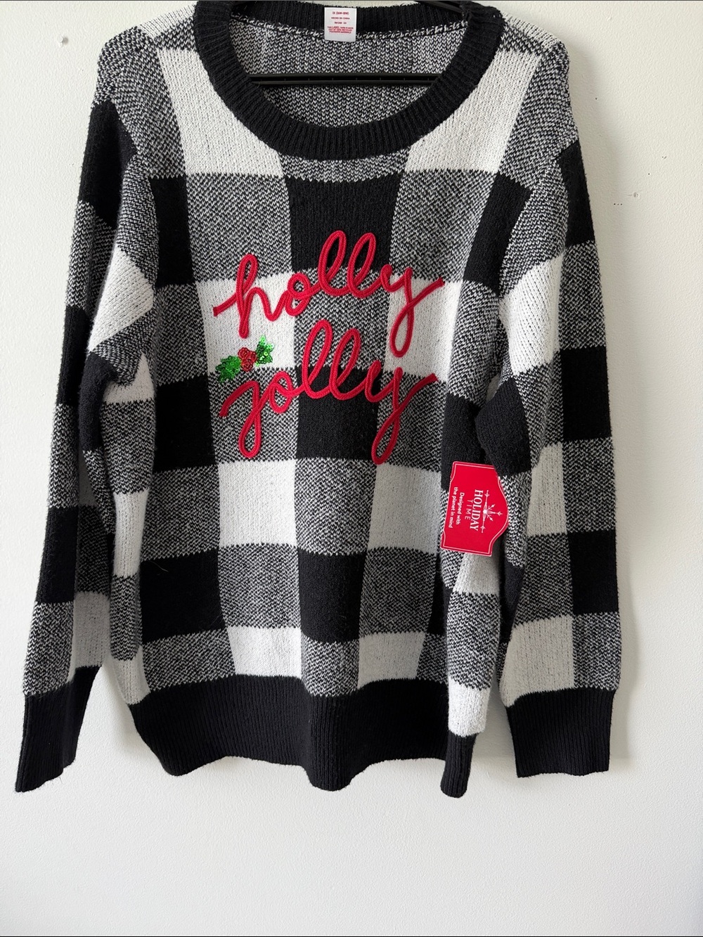 Holiday Time Black & White Buffalo Plaid 'Holly Jolly' Sweater